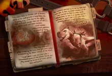 An illustrated Core Keeper journal spread shows a toothy underground creature wearing a saddle.