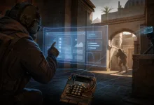 A tactical operator interacts with a holographic interface beside a bomb device in a sunlit Counter-Strike 2-style map.