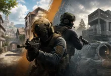 Two armored tactical operators stand between a half-timbered village and a rugged bunker landscape representing Counter-Strike 2's Fachwerk and Shelter maps.