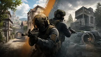 Two armored tactical operators stand between a half-timbered village and a rugged bunker landscape representing Counter-Strike 2's Fachwerk and Shelter maps.
