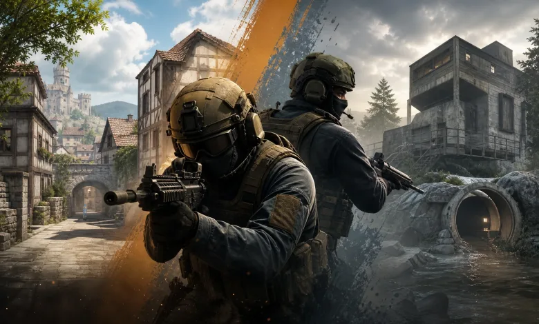 Two armored tactical operators stand between a half-timbered village and a rugged bunker landscape representing Counter-Strike 2's Fachwerk and Shelter maps.