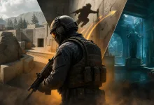 A tactical shooter operator with a rifle stands between a rocky outdoor map and a blue-lit temple-like map.