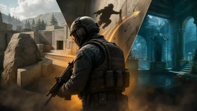 A tactical shooter operator with a rifle stands between a rocky outdoor map and a blue-lit temple-like map.