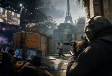 Counter-Strike-style esports firefight with spectators and the Eiffel Tower visible in the background