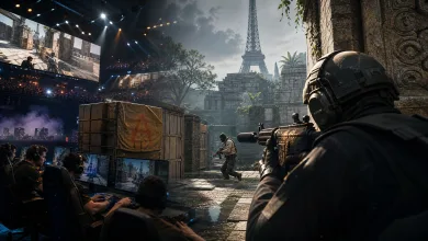 Counter-Strike-style esports firefight with spectators and the Eiffel Tower visible in the background