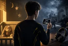 A gamer holds an ultrasound image between a nursery with a teddy bear and a Counter-Strike-style tactical scene.