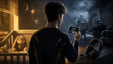 A gamer holds an ultrasound image between a nursery with a teddy bear and a Counter-Strike-style tactical scene.