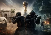 Two armored Counter-Strike-style soldiers advance between desert and jungle ruins beneath a championship trophy.