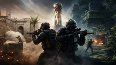 Two armored Counter-Strike-style soldiers advance between desert and jungle ruins beneath a championship trophy.
