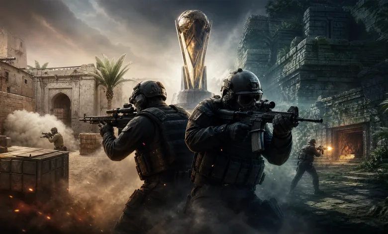Two armored Counter-Strike-style soldiers advance between desert and jungle ruins beneath a championship trophy.