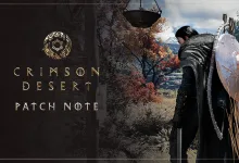 Crimson Desert patch-note artwork showing an armored character with a shield in a forested landscape