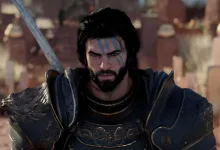 An armored Crimson Desert character faces forward with a sword visible behind him