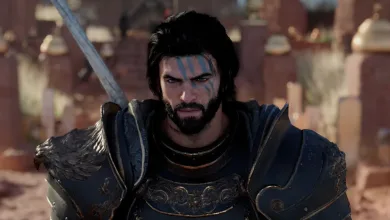 An armored Crimson Desert character faces forward with a sword visible behind him