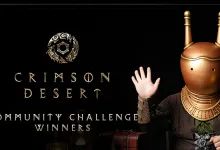 Crimson Desert Community Challenge Winners artwork showing a masked character raising a hand beside the event title