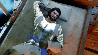 An armored character rests on a bed in Crimson Desert