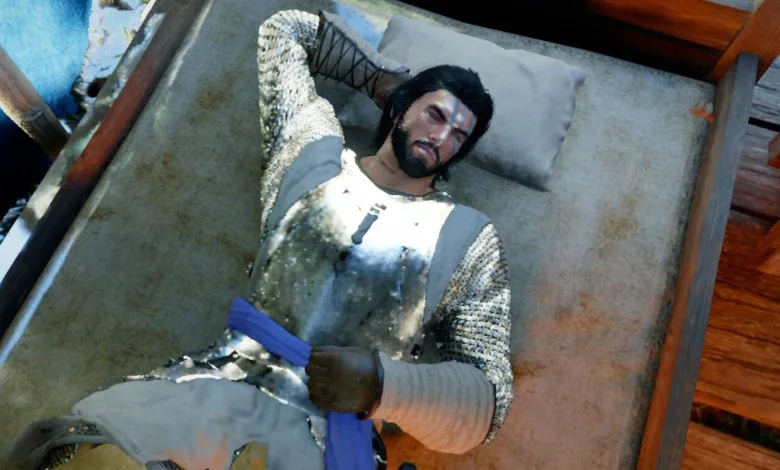An armored character rests on a bed in Crimson Desert