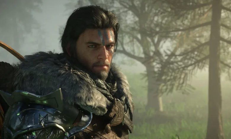 Kliff stands in a forest wearing fur-trimmed armor in Crimson Desert