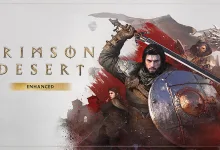 Crimson Desert Enhanced artwork showing an armored warrior with a sword and shield alongside other characters