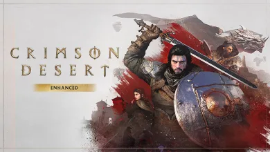 Crimson Desert Enhanced artwork showing an armored warrior with a sword and shield alongside other characters