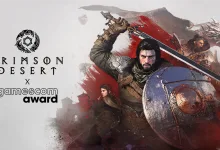 Crimson Desert promotional artwork featuring an armored warrior, sword, shield, and gamescom award logo
