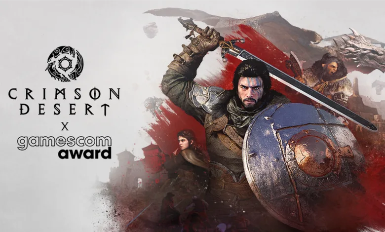 Crimson Desert promotional artwork featuring an armored warrior, sword, shield, and gamescom award logo