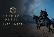 Crimson Desert patch note artwork showing an armored rider on horseback beneath a starry sky