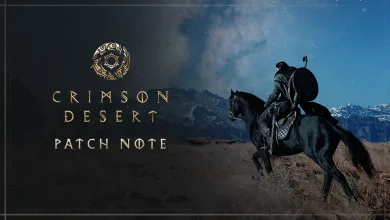 Crimson Desert patch note artwork showing an armored rider on horseback beneath a starry sky