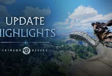 Crimson Desert character riding a mount over a landscape beneath the words “Update Highlights”