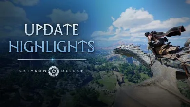 Crimson Desert character riding a mount over a landscape beneath the words “Update Highlights”