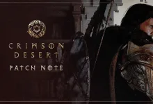 Crimson Desert patch note artwork showing an armored character beside the Crimson Desert logo and patch note text