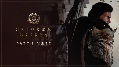 Crimson Desert patch note artwork showing an armored character beside the Crimson Desert logo and patch note text