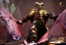 Armored warrior with large translucent wings stands in a gothic fantasy battle scene in Crimson Moon.