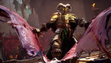 Armored warrior with large translucent wings stands in a gothic fantasy battle scene in Crimson Moon.