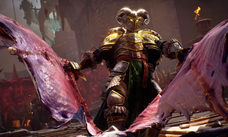 Armored warrior with large translucent wings stands in a gothic fantasy battle scene in Crimson Moon.
