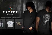 Crytek Gear Store promotional image showing a hoodie, T-shirt, bottle, and other merchandise