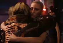 Two Cyberpunk 2077 characters embrace in a dimly lit setting.