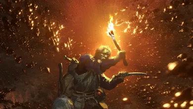 Dark and Darker adventurers explore a torchlit dungeon while one character raises a flaming torch