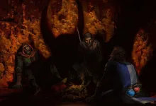Three Dark and Darker adventurers gathered in a glowing dungeon cave