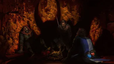Three Dark and Darker adventurers gathered in a glowing dungeon cave