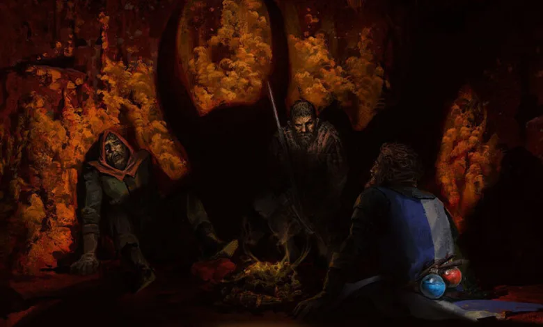 Three Dark and Darker adventurers gathered in a glowing dungeon cave