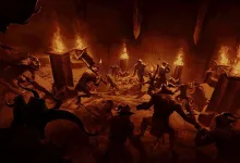 Dark and Darker characters and creatures clash in a firelit dungeon