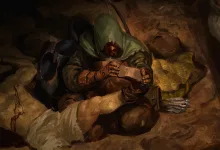 A hooded green creature crouches over a fallen adventurer in a dark dungeon.