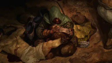 A hooded green creature crouches over a fallen adventurer in a dark dungeon.