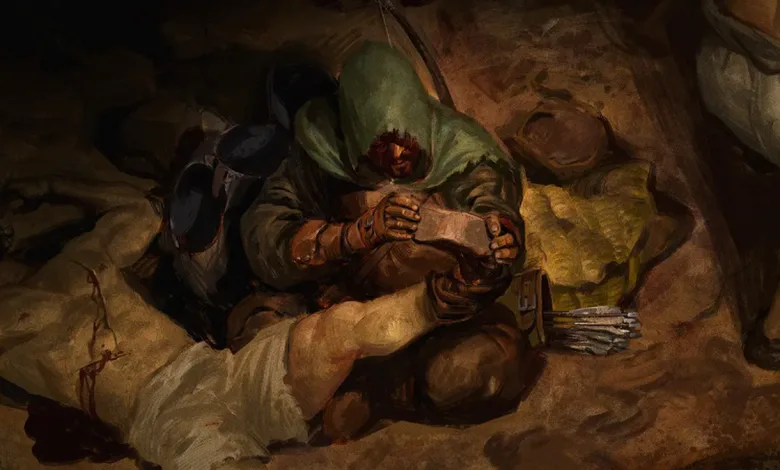 A hooded green creature crouches over a fallen adventurer in a dark dungeon.
