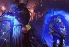 A blue-lit fantasy scene shows a hooded figure beside a glowing vessel while another character enters a swirling portal.