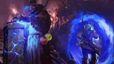 A blue-lit fantasy scene shows a hooded figure beside a glowing vessel while another character enters a swirling portal.