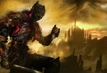 Armored Dark Souls III knight overlooking a ruined castle beneath a golden, smoky sky