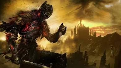 Armored Dark Souls III knight overlooking a ruined castle beneath a golden, smoky sky