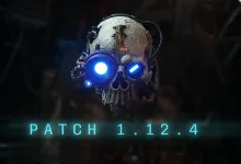 A glowing mechanical skull above the text Patch 1.12.4 in Warhammer 40,000: Darktide