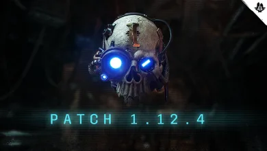 A glowing mechanical skull above the text Patch 1.12.4 in Warhammer 40,000: Darktide
